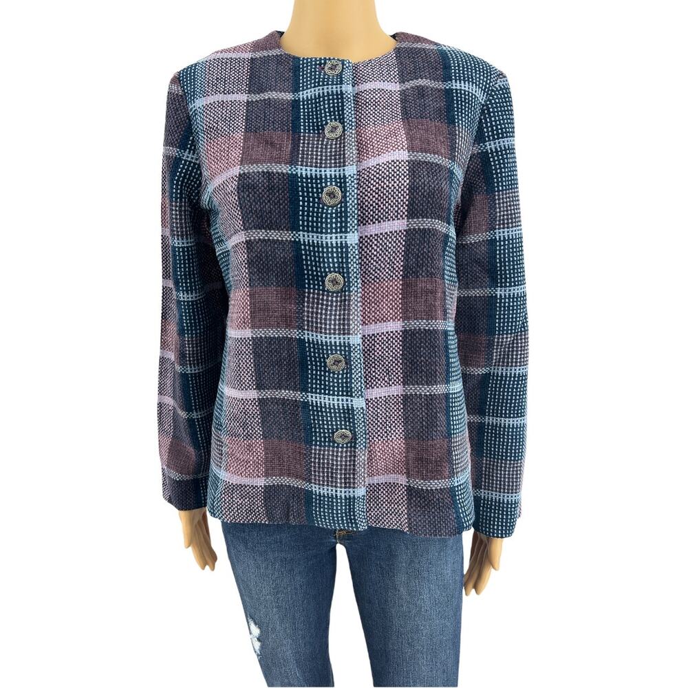 VINTAGE Alfred Dunner Blazer US 10 Womens Petite Purple Tweed Plaid Button Up